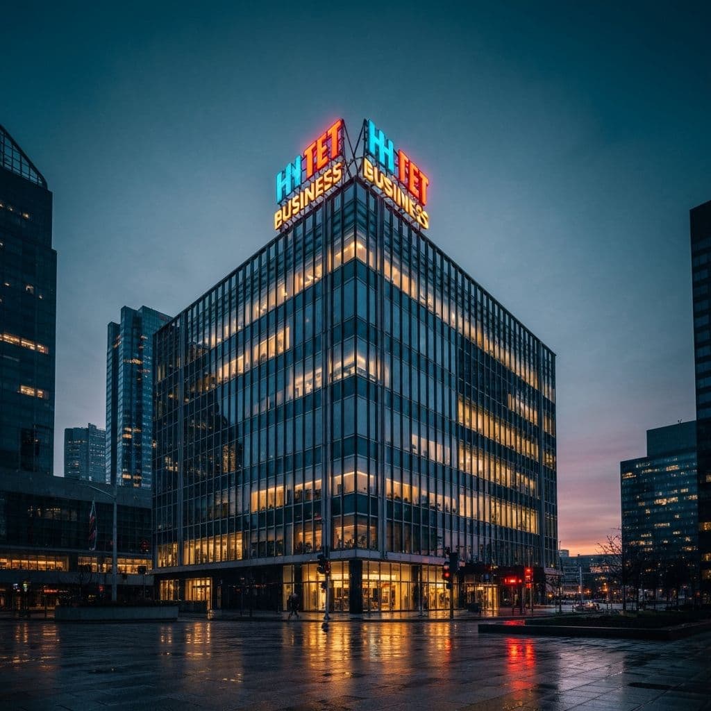 Dramatic business signage at dusk
