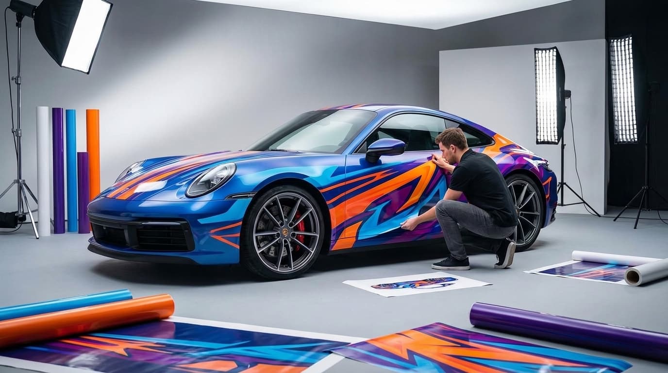 A technician applies colorful orange and purple vinyl graphics to the side of a blue sports car in a studio.