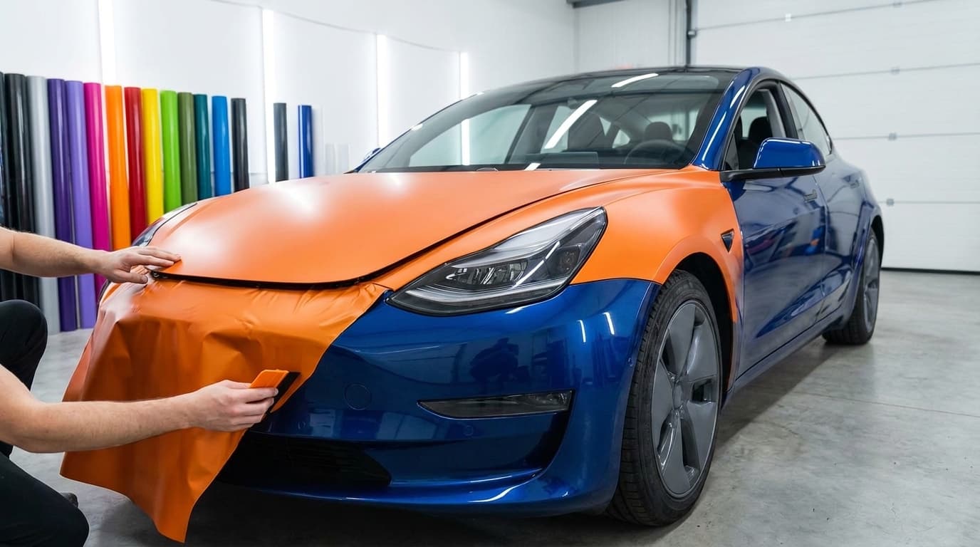 A technician applies bright orange matte vinyl wrap to the front hood and fender of a blue car.