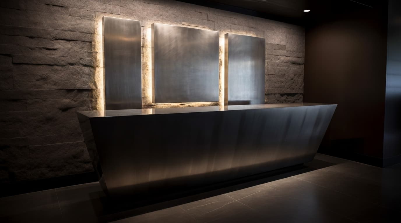 Backlit brushed metal wall panels hang above a sleek metallic reception desk against a textured stone wall.