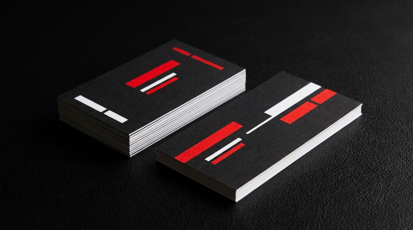 Two stacks of matte black business cards with modern red and white geometric designs rest on a dark textured surface.
