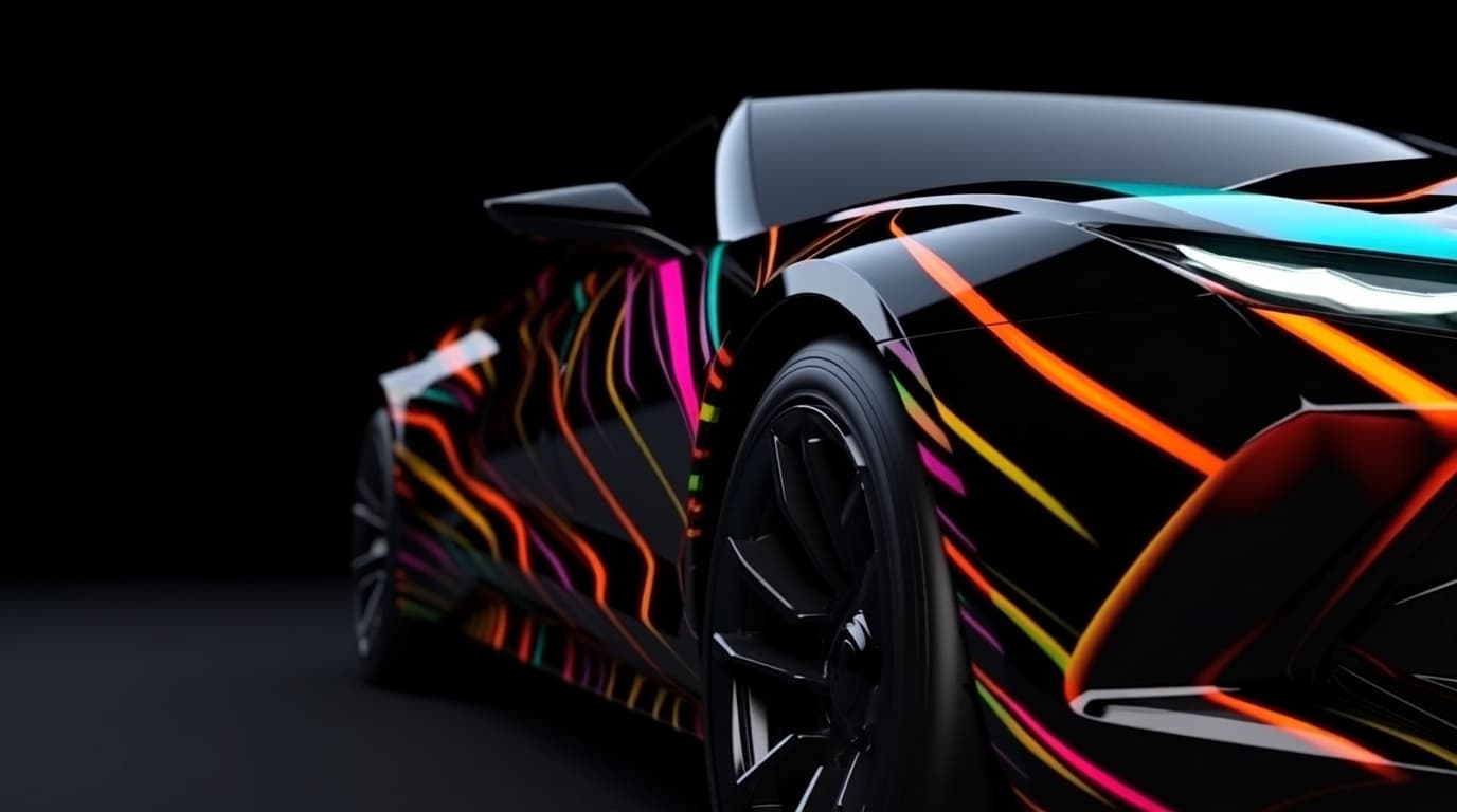 A sleek black sports car features vibrant multicolored neon-style stripe graphics along its exterior against a dark background.
