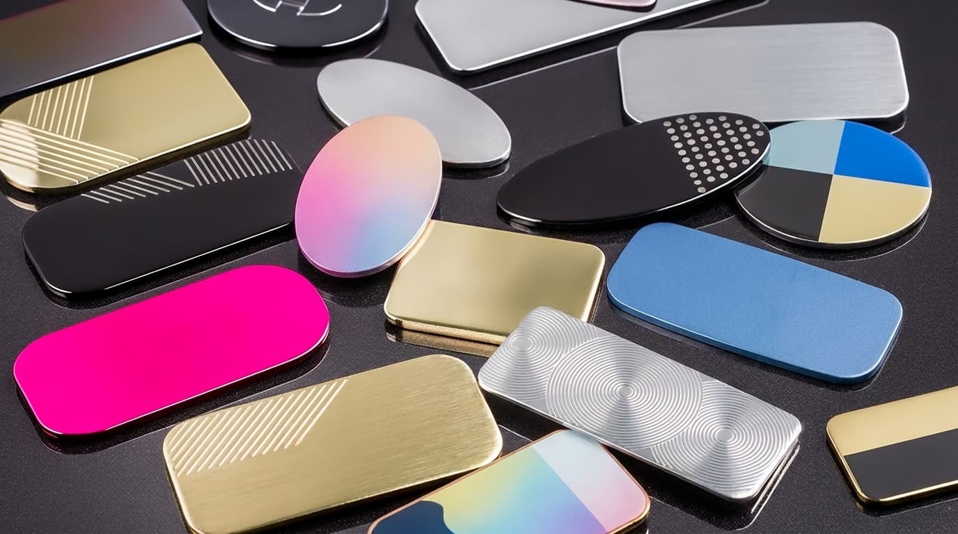 A variety of blank metallic, engraved, and brightly colored oval and rectangular name tags arranged on a dark surface.
