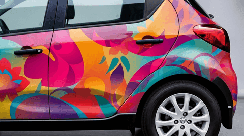 A compact car covered in a vibrant, multicolored vinyl wrap featuring bold abstract floral patterns.