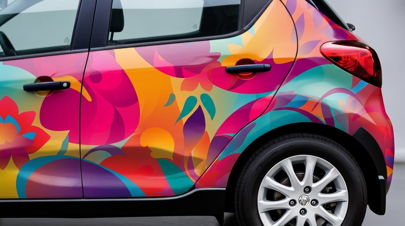 A compact car covered in a vibrant, multicolored vinyl wrap featuring bold abstract floral patterns.