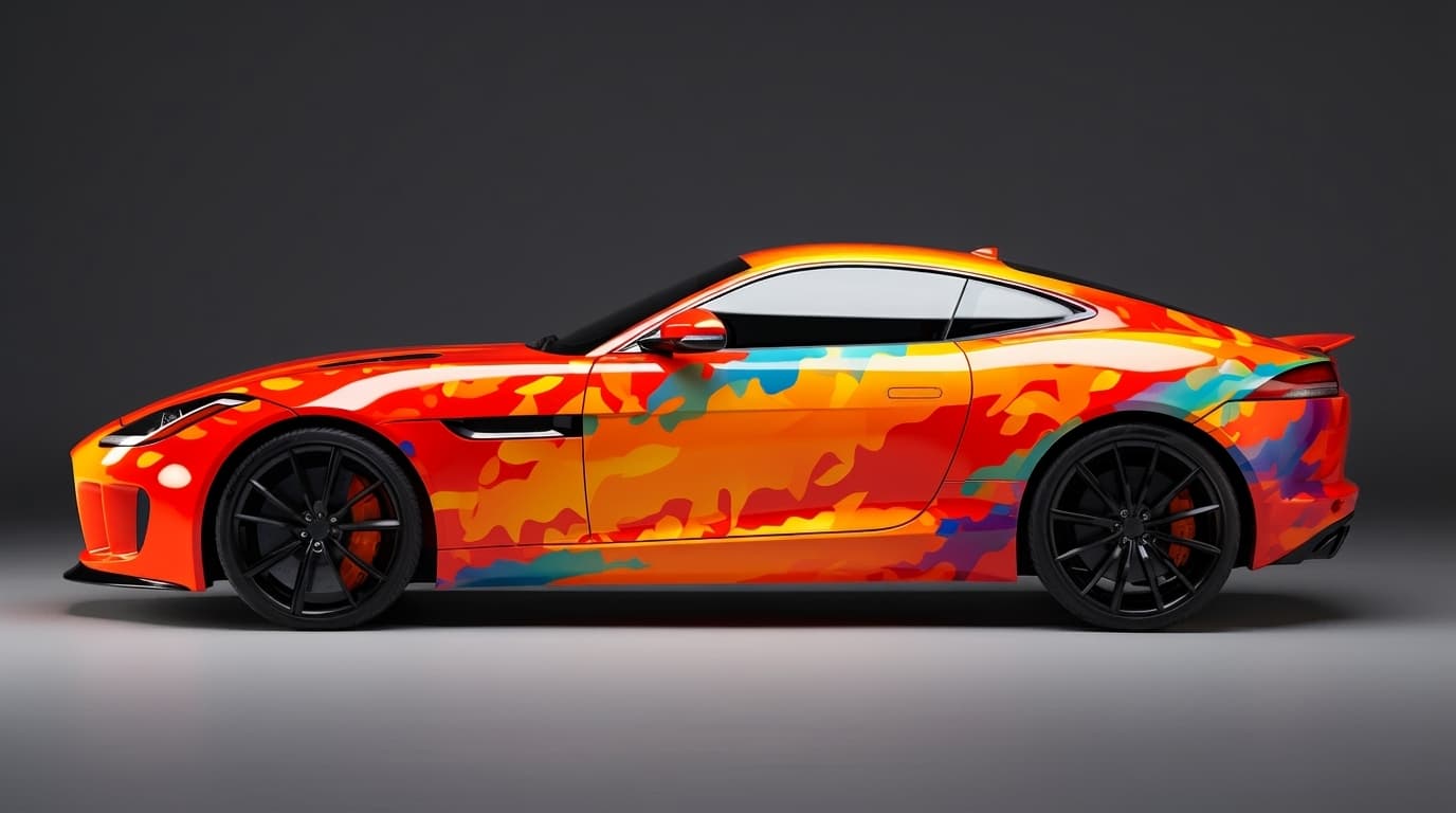 A sleek sports car featuring a vibrant multicolored abstract vinyl wrap parked against a dark studio background.