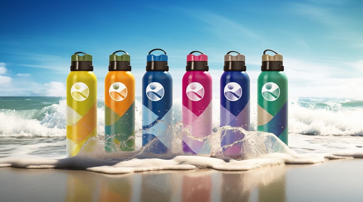 A row of six colorful branded reusable water bottles stands in splashing ocean waves along a sunny beach.