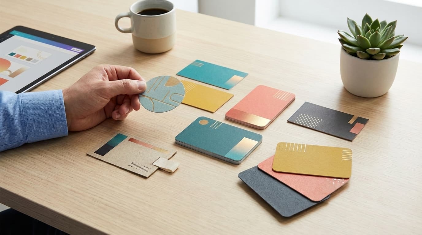 A person holds a round card among colorful custom cards arranged on a wooden desk with a coffee mug.