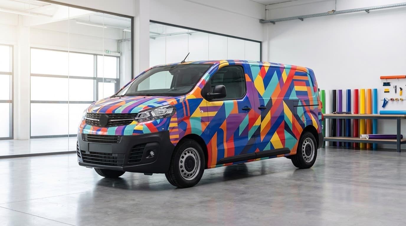 A cargo van covered in a colorful geometric vinyl wrap parked inside a bright vehicle wrapping workshop.