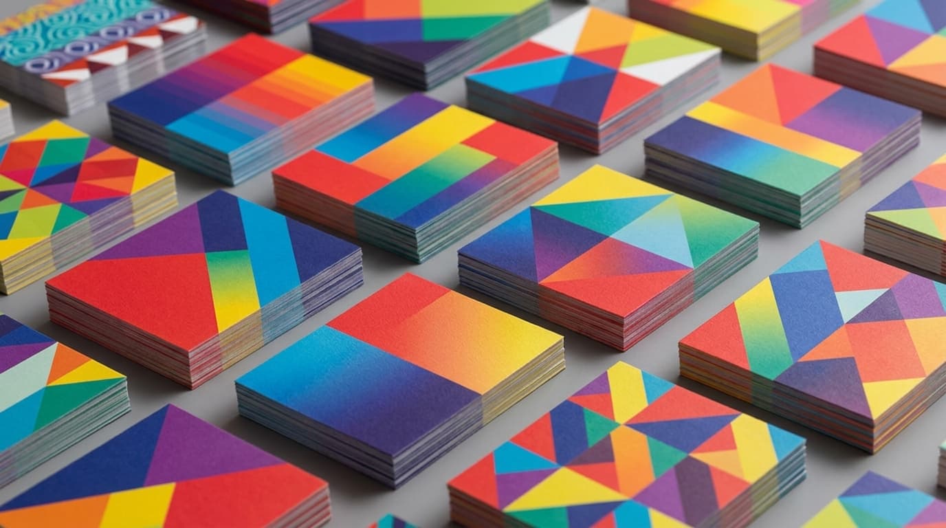 Stacks of colorful business cards with bold geometric patterns and gradients arranged in rows on a gray surface.