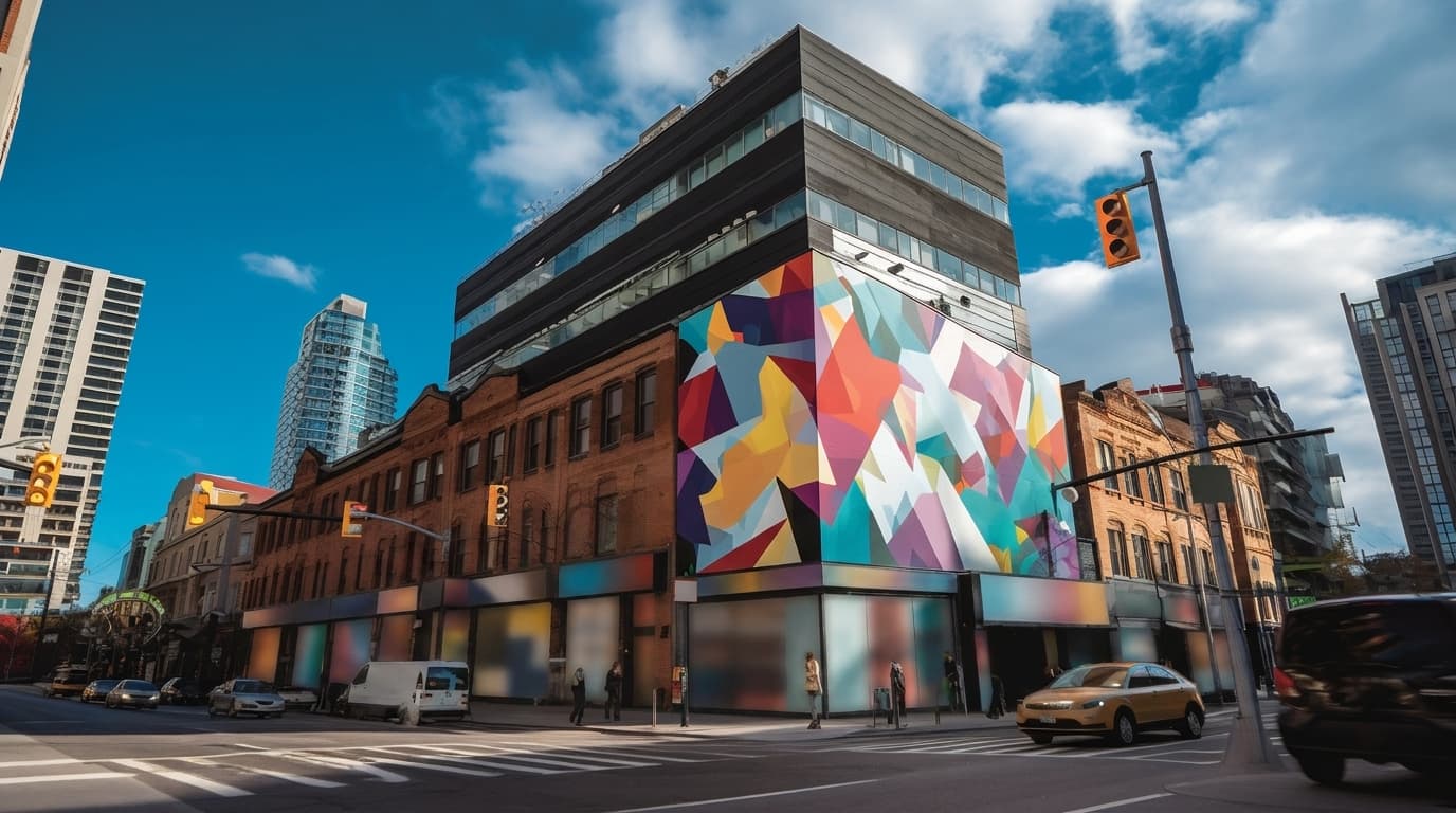 A multi-story brick building features a vibrant, colorful geometric graphic mural wrapping around its corner exterior.