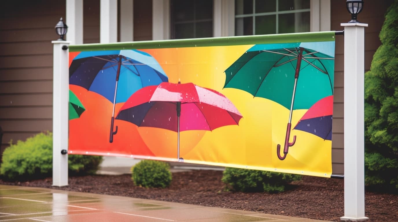 A colorful outdoor banner printed with bright umbrellas is mounted between two white posts in light rain.
