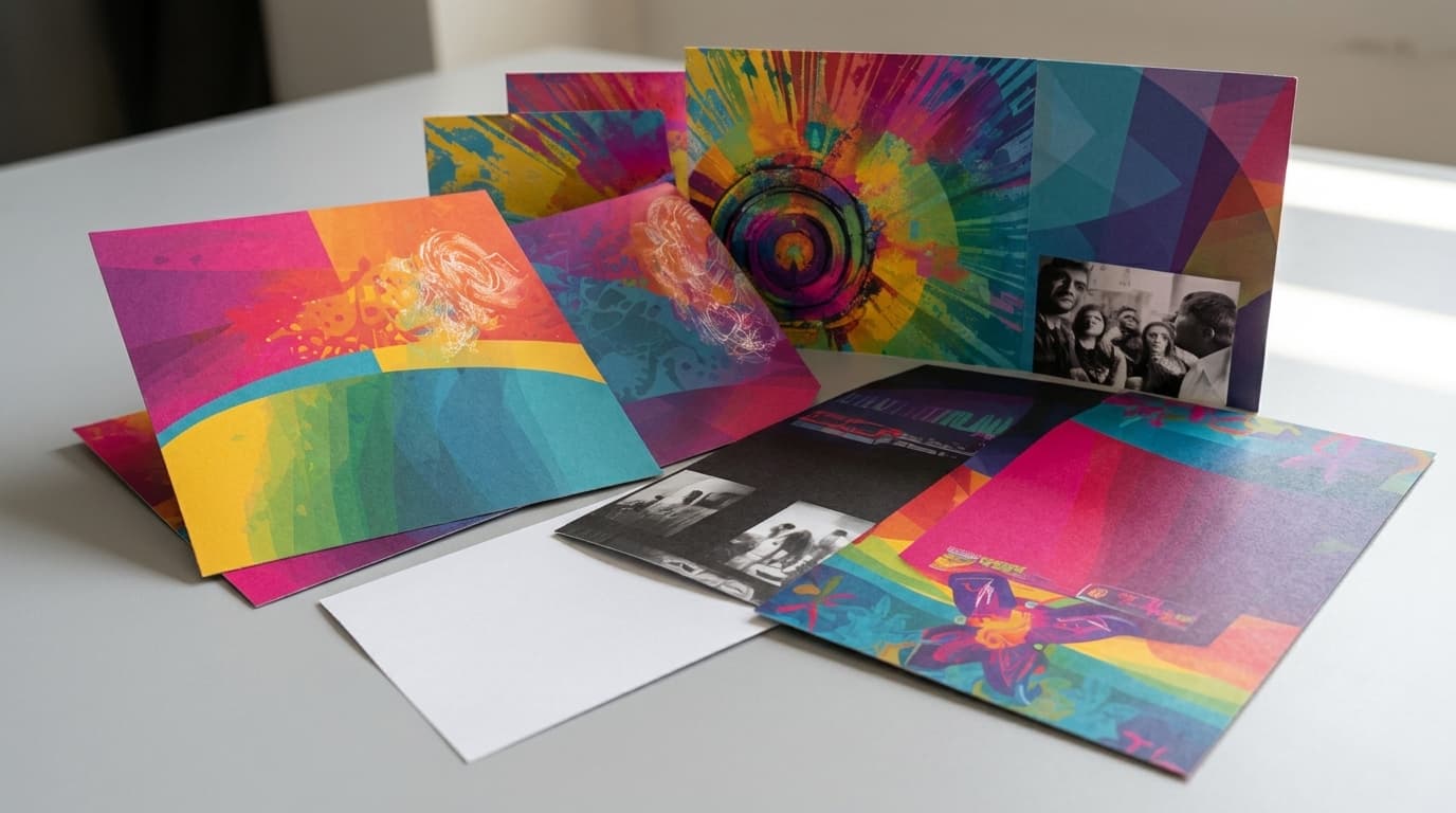 A collection of colorful printed promotional cards with vibrant abstract designs arranged on a white table.