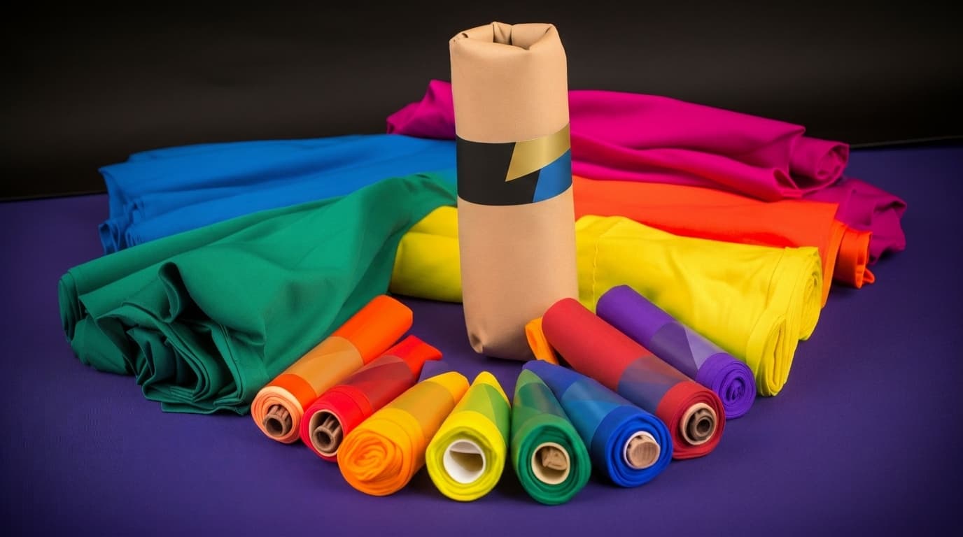 Brightly colored rolled fabrics and folded apparel arranged neatly in an arc on a deep purple surface.