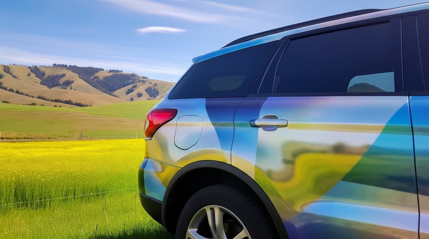 A modern SUV with a glossy colorful vinyl wrap parked next to a yellow field and rolling hills.