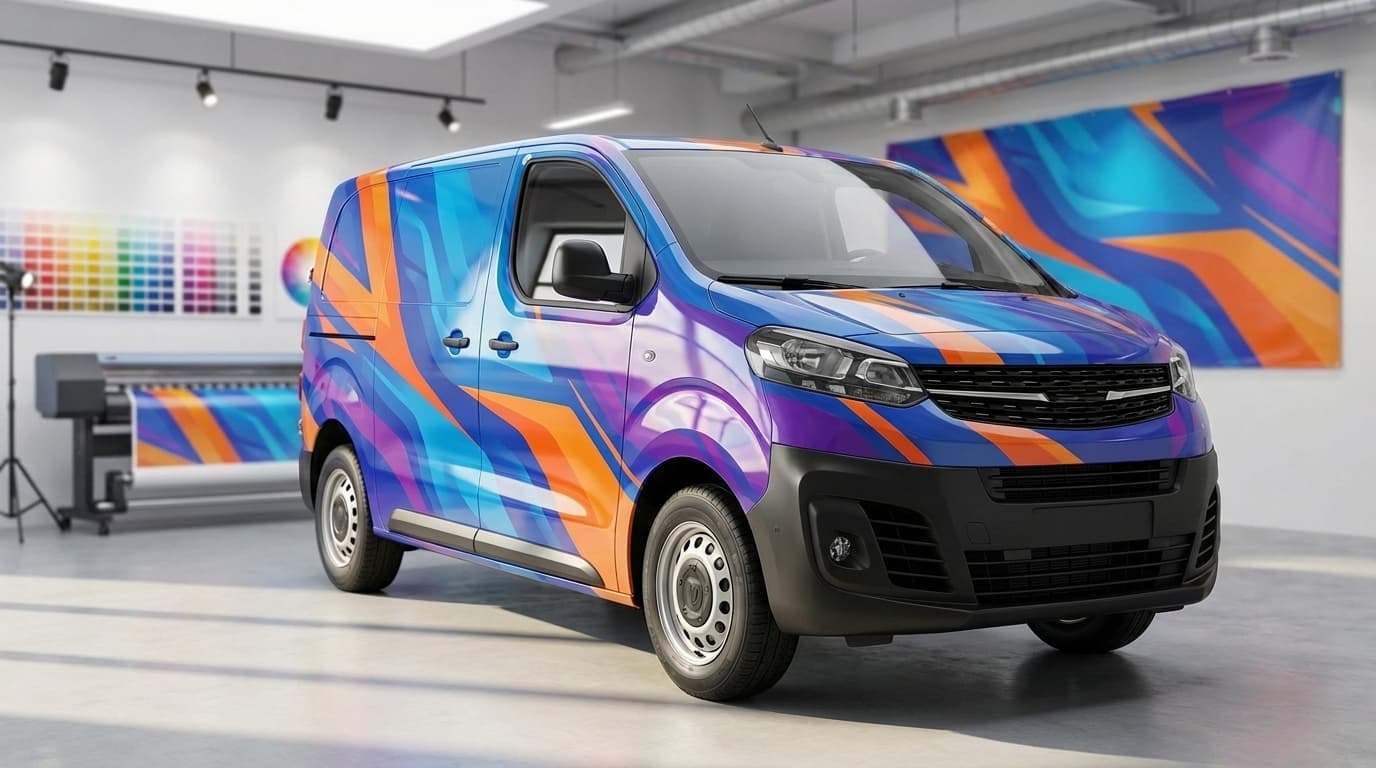 A cargo van covered in a colorful abstract vinyl wrap stands inside a modern print and vehicle graphics shop.