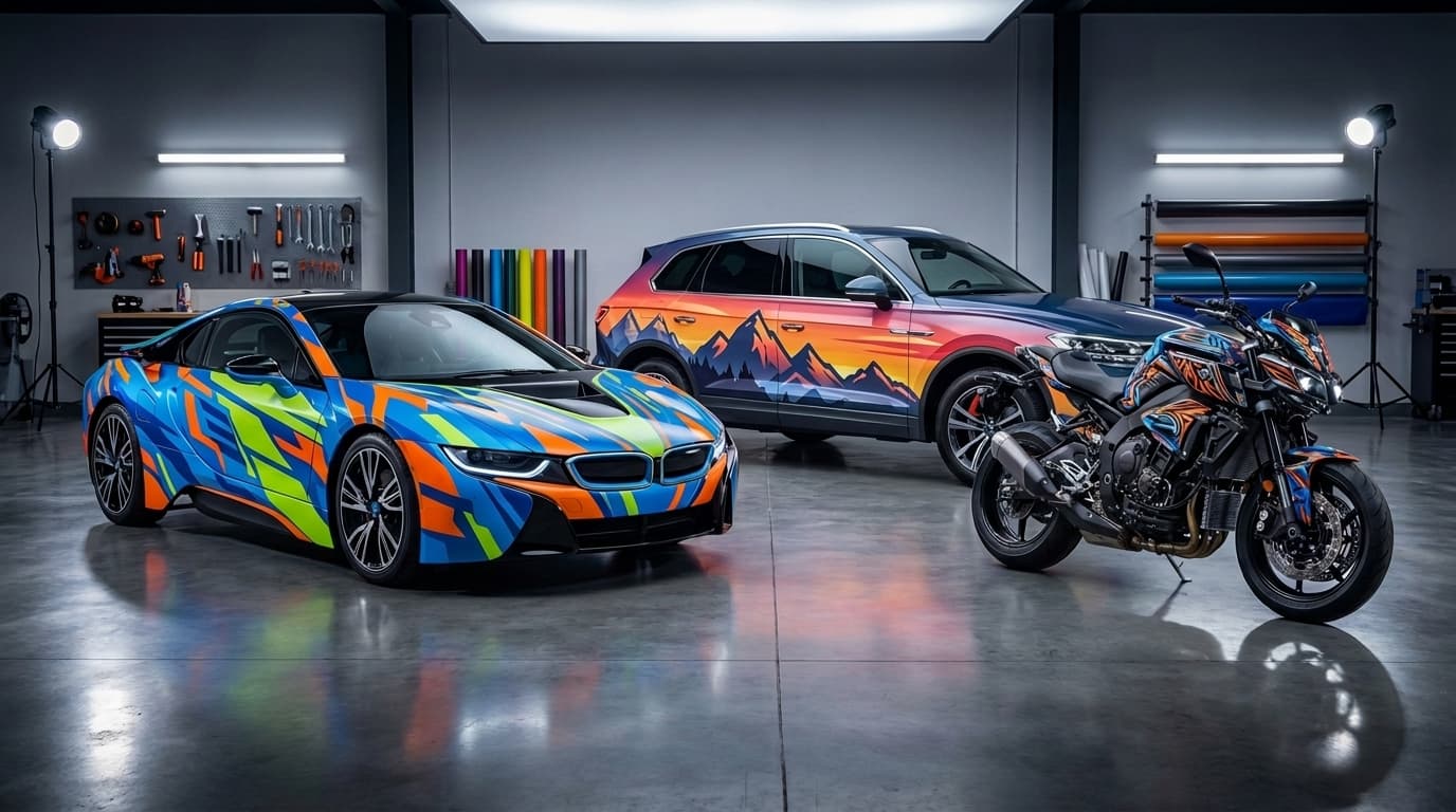 A sports car, SUV, and motorcycle featuring colorful custom vinyl wraps parked inside a vehicle customization workshop.
