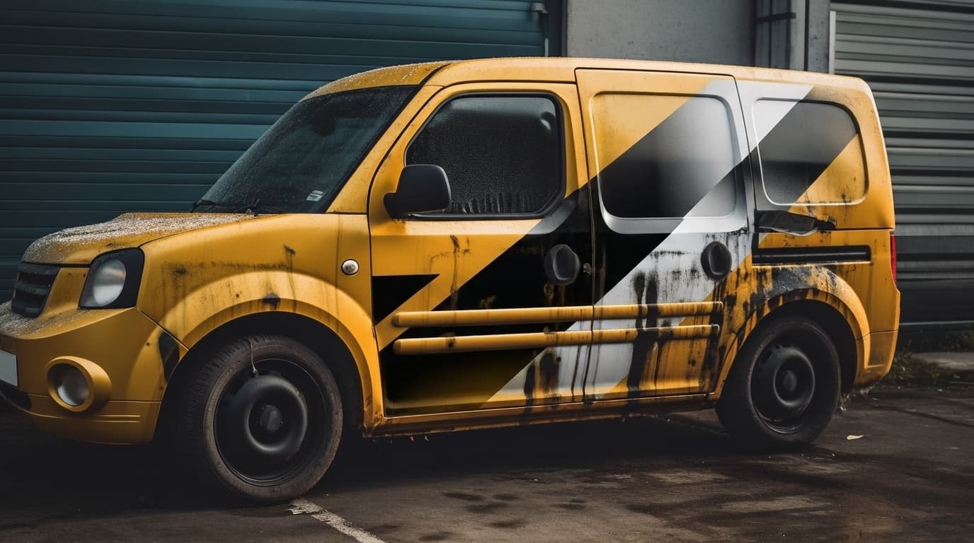A yellow commercial van parked outside with dirty, peeling, and scratched black and white vinyl wrap graphics.