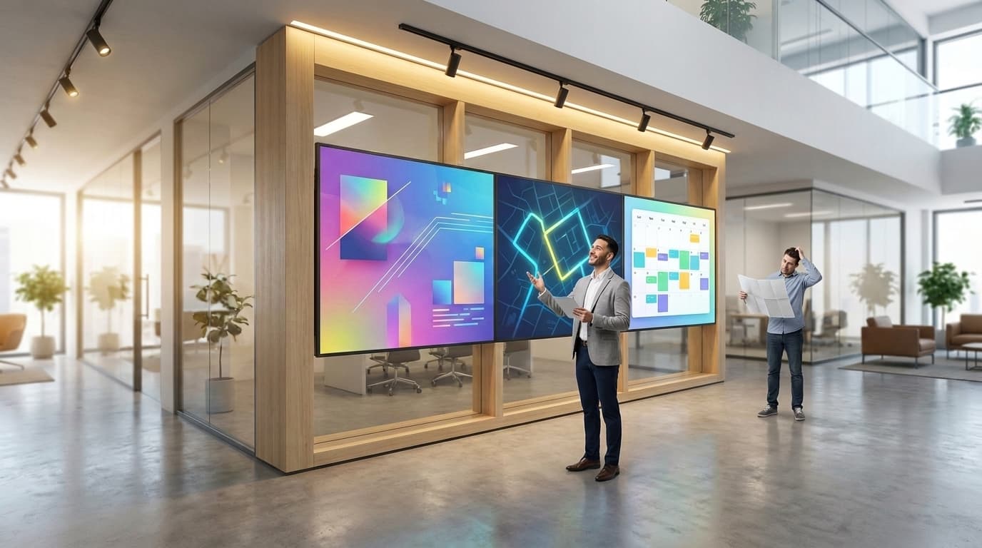 A man presents interactive information on a large multi-panel digital signage screen inside a modern corporate office.