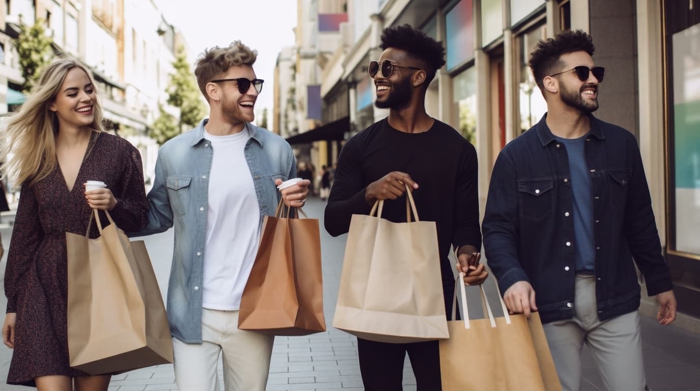 Four smiling friends walk together down a sunny city shopping street holding plain brown kraft shopping bags.