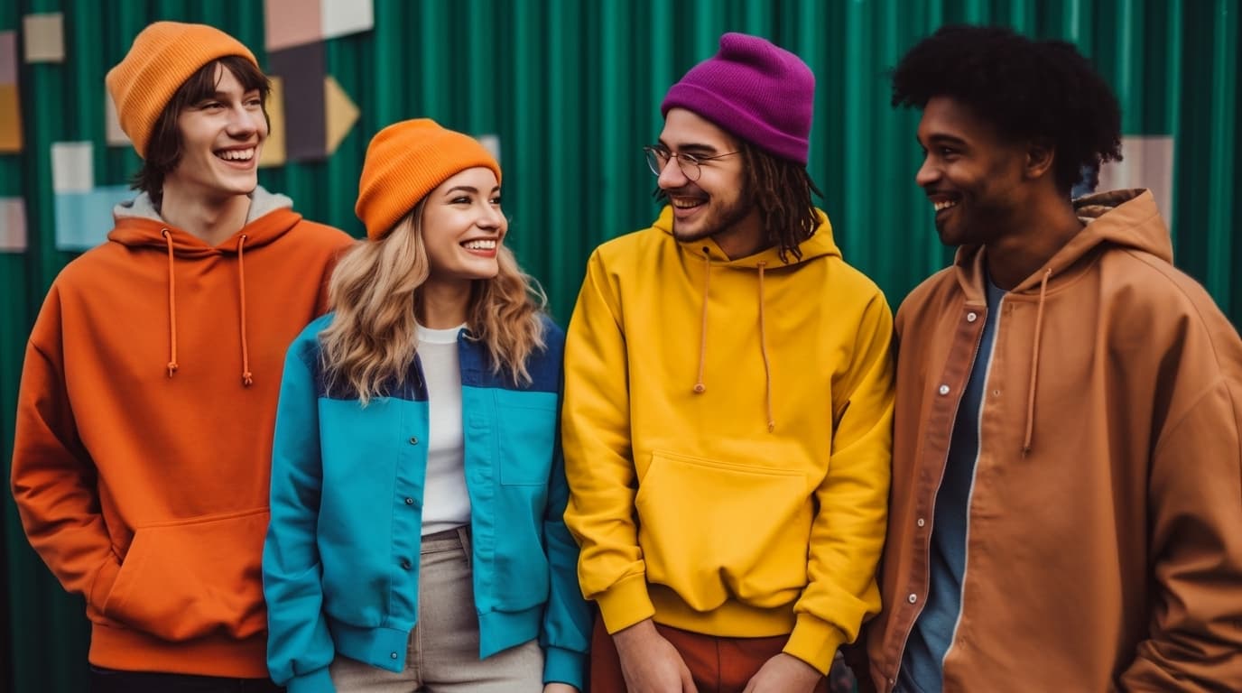 Four smiling young adults stand together wearing brightly colored hoodies, jackets, and knit beanies against a green wall.