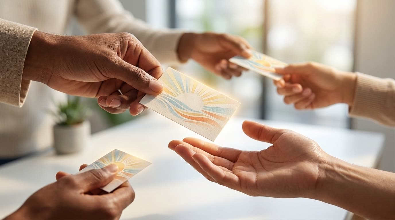 Multiple hands reach across a table to share and exchange small cards printed with a colorful sunrise design.