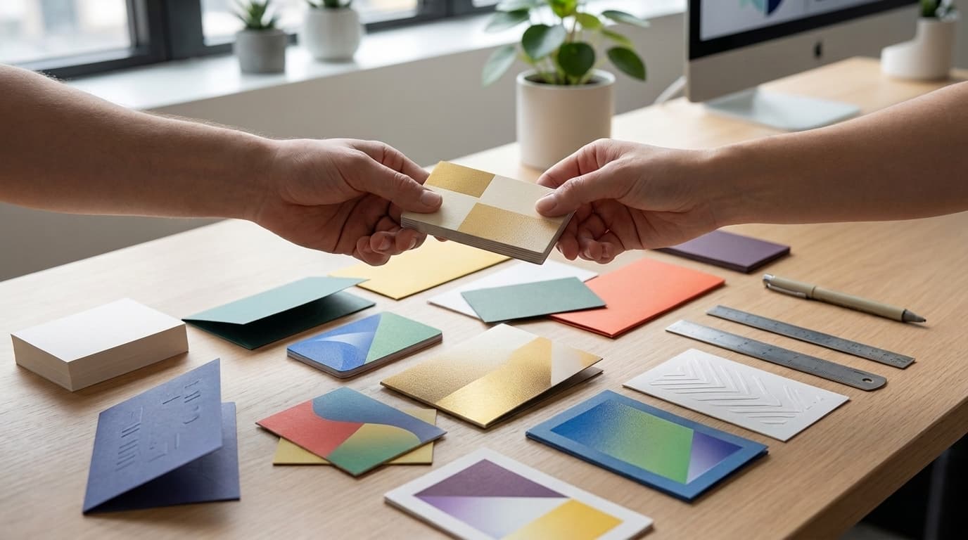 Two hands exchange a small stack of printed cards over a desk filled with colorful stationery samples.