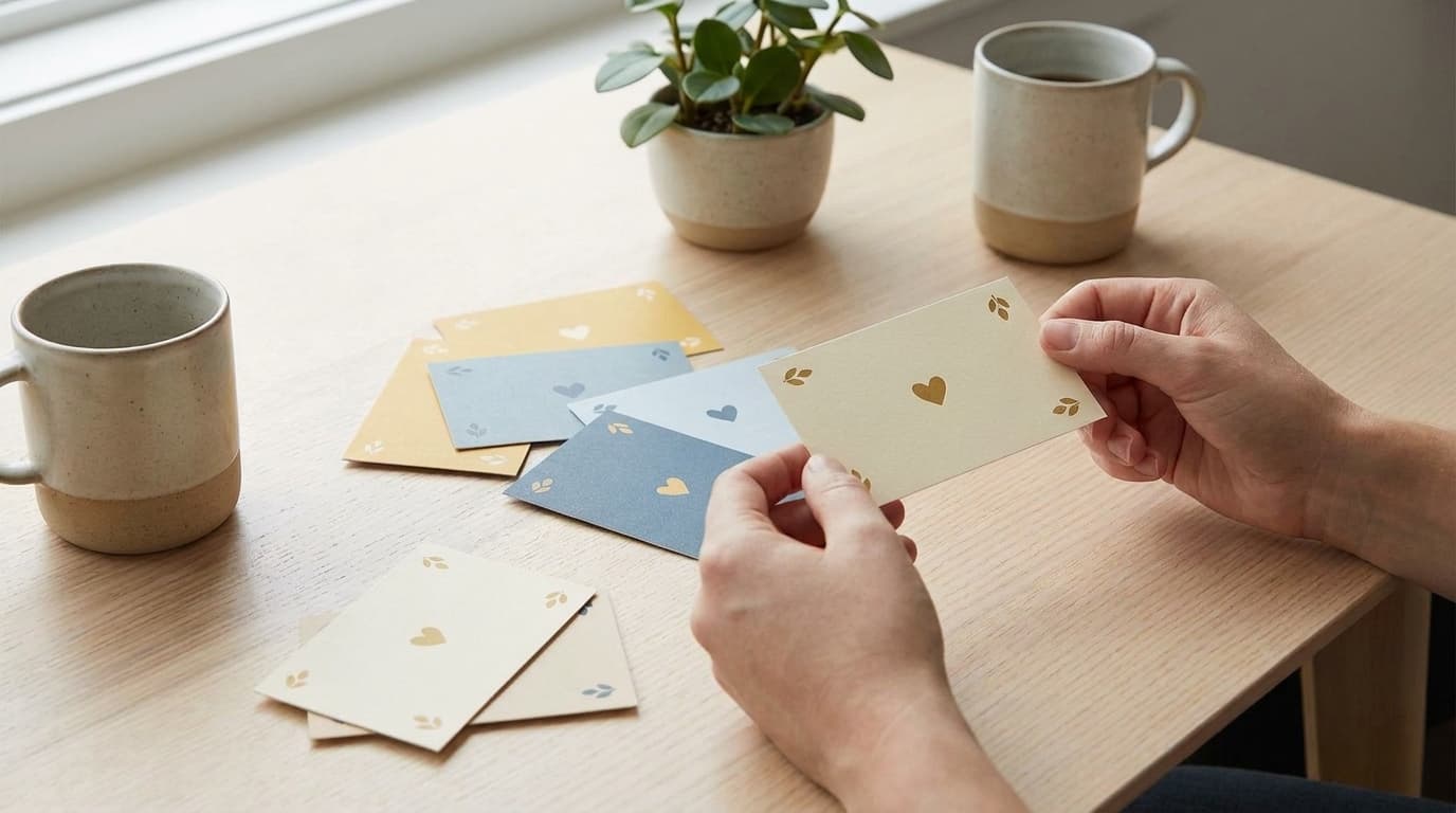 A person holds a small cream card with a gold heart design over a table with colorful note cards.