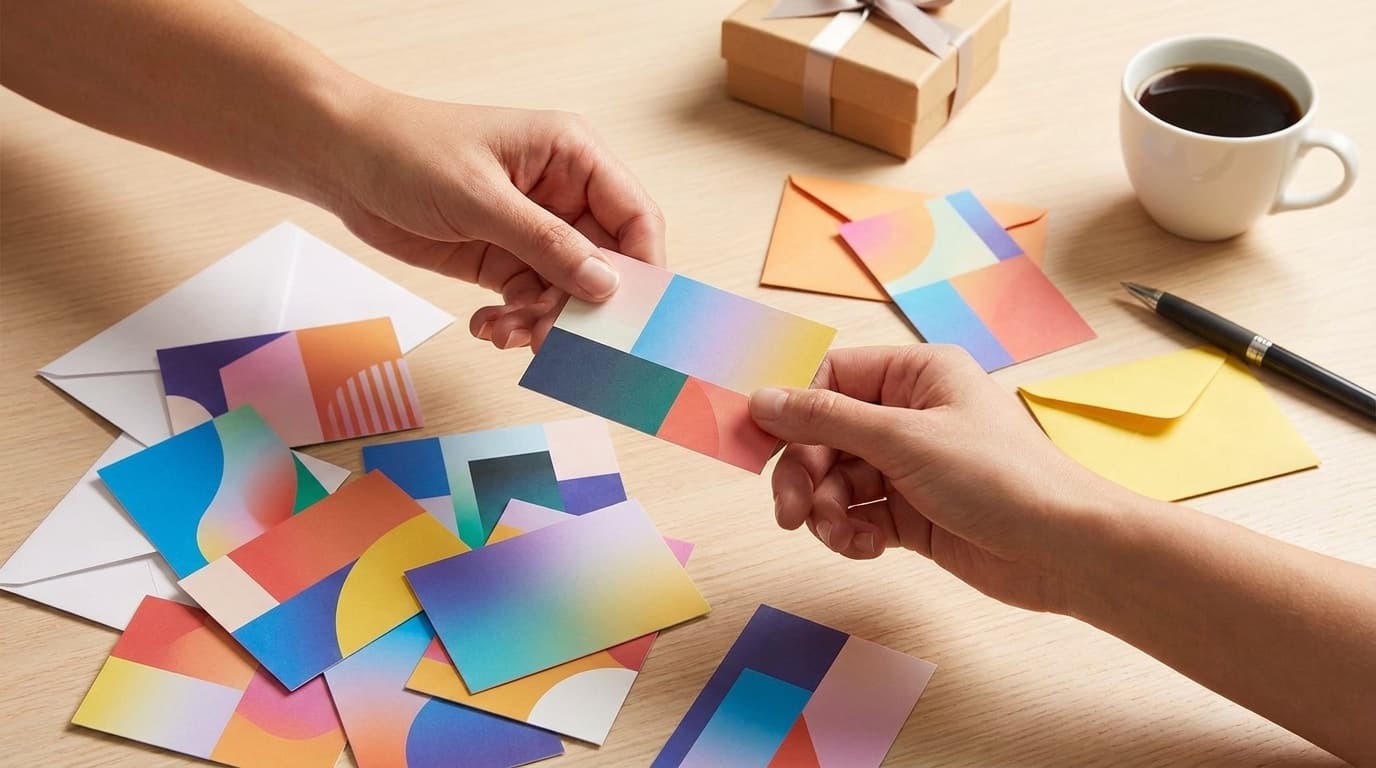 Two hands exchange a colorful geometric card over a desk scattered with envelopes, small cards, and a coffee cup.