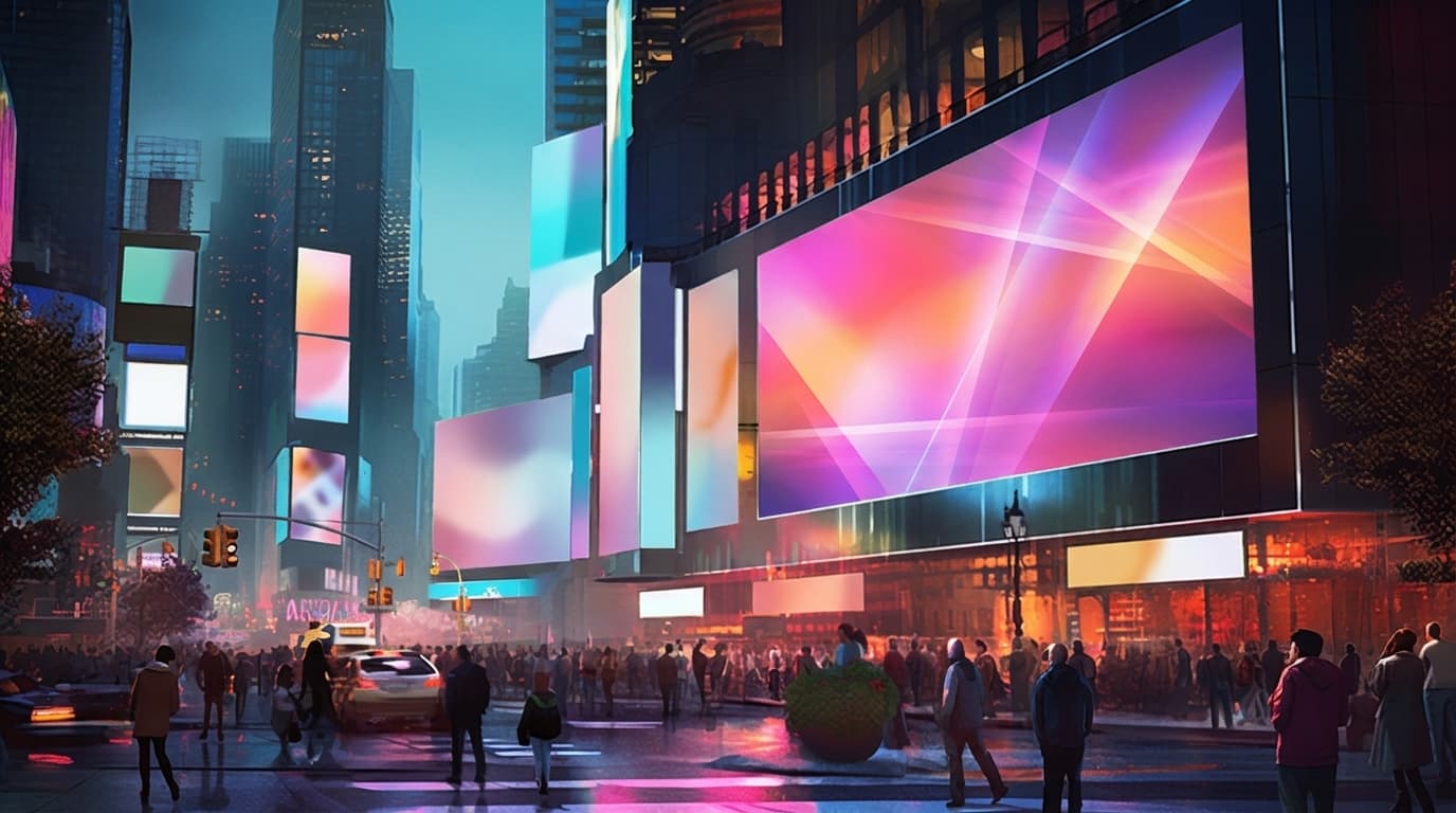 Large, colorful digital billboards illuminate a bustling city street filled with pedestrians and traffic at dusk.