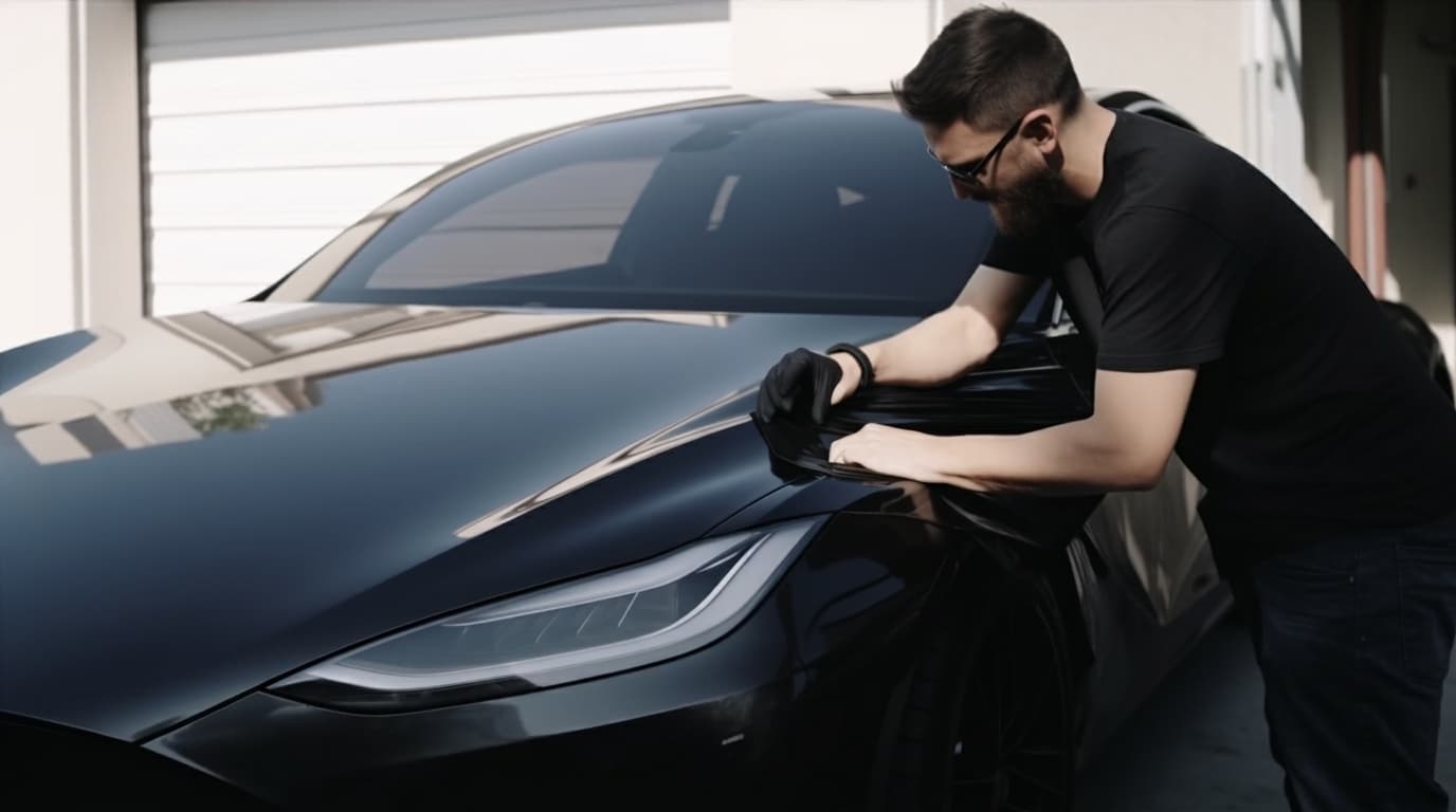 A man wearing black gloves carefully applies a black vinyl wrap to the front fender of a car.