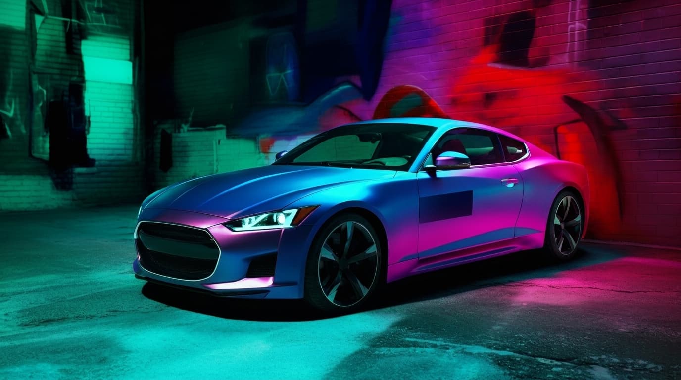 Sleek sports car featuring a matte color-shifting vinyl wrap illuminated by vibrant teal and purple neon lights.