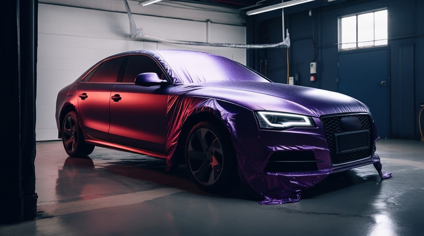 A sedan parked inside an auto shop with loose purple metallic vinyl wrap draped over the body.