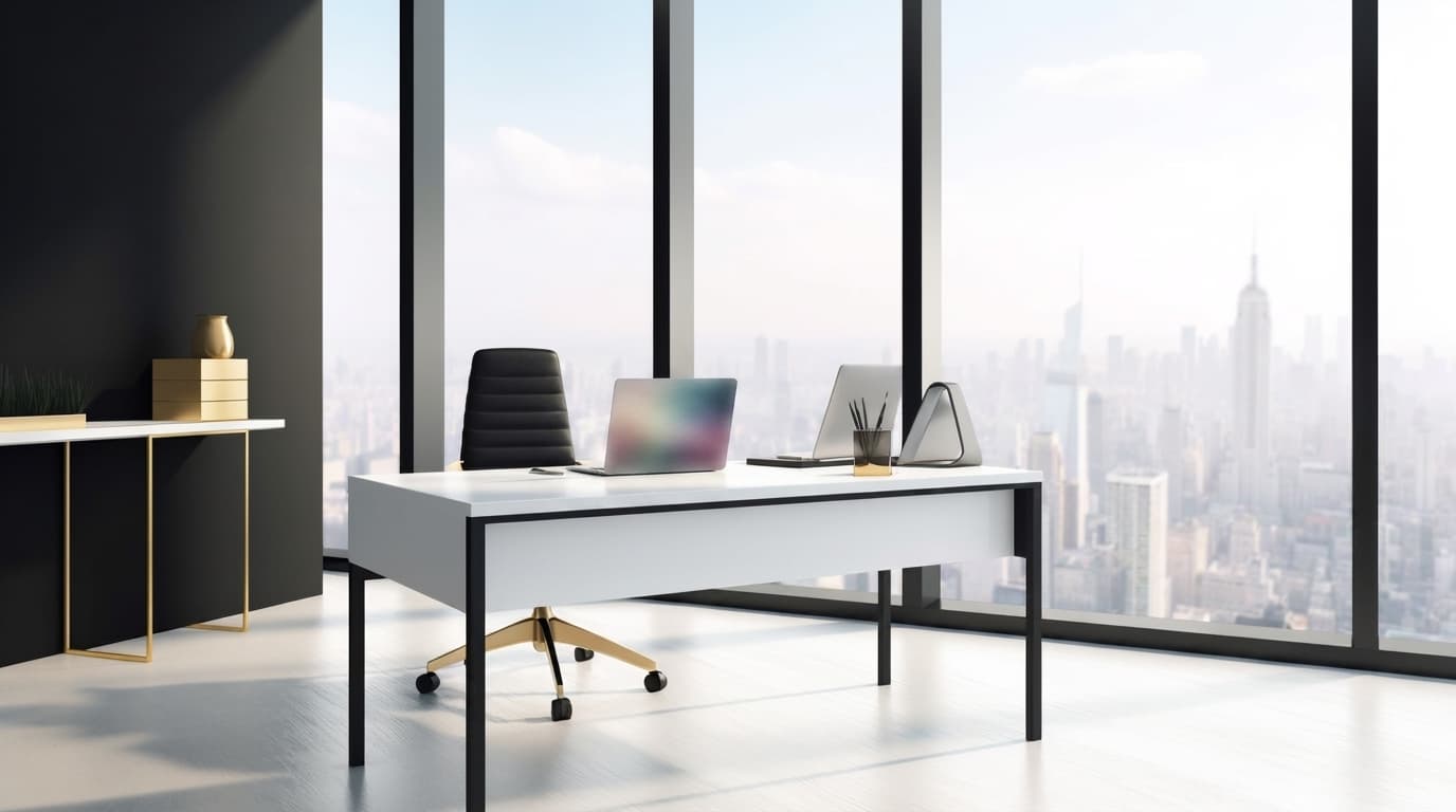 A modern white executive desk and chair in a bright high-rise office overlooking a panoramic city skyline.