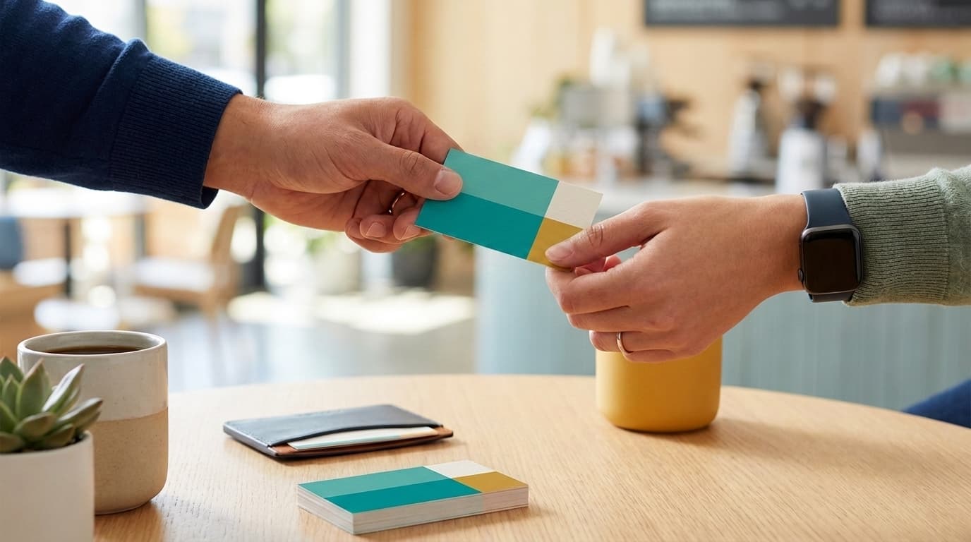 Two hands exchange a colorful geometric card over a wooden table near coffee cups and a cardholder.