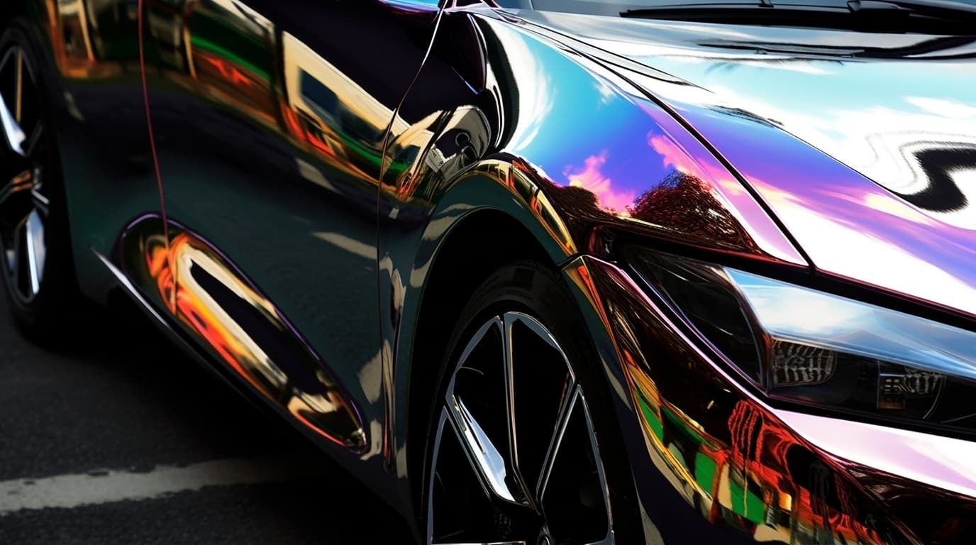 Close-up of a sleek sports car featuring a mirror-finish iridescent chrome wrap reflecting colorful surroundings.