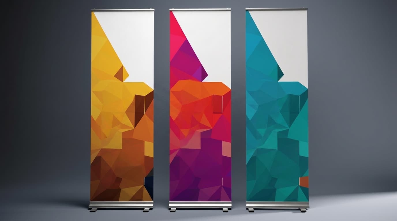 Three retractable roll-up banner stands display colorful geometric polygon graphics side by side in a studio setting.
