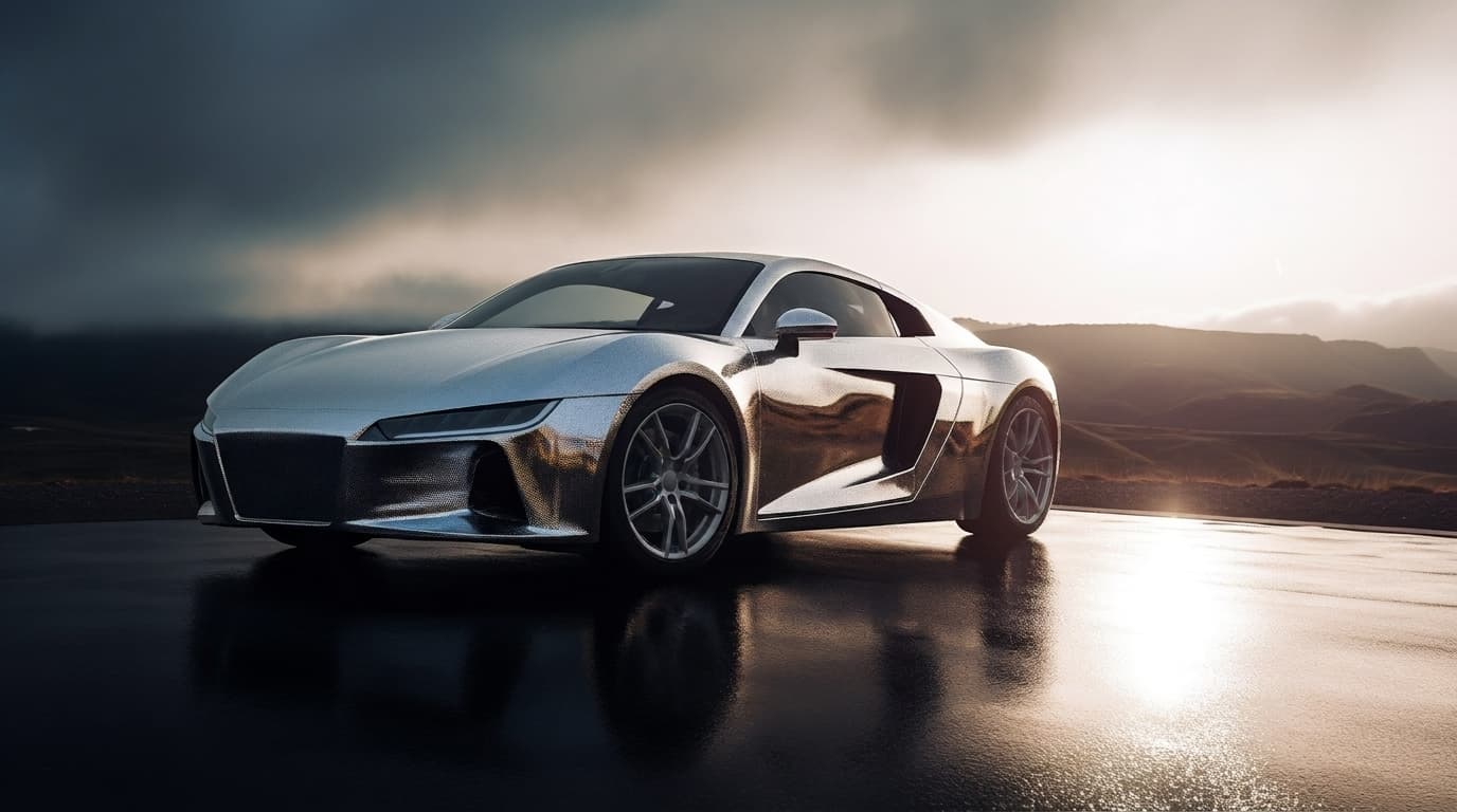 A sleek silver sports car featuring a textured metallic wrap parked on a wet asphalt surface against rolling hills.