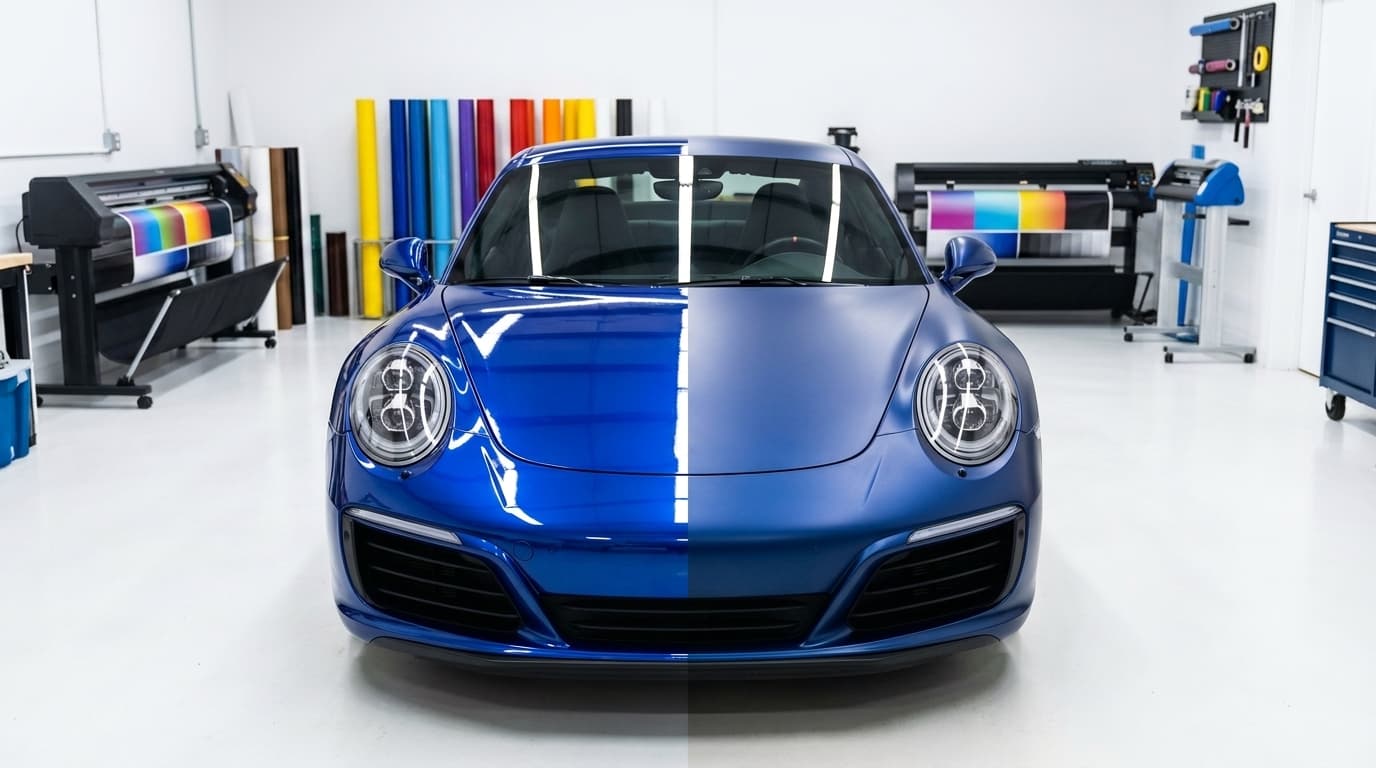 A blue sports car in a workshop displays a split finish between a glossy wrap and a matte wrap.