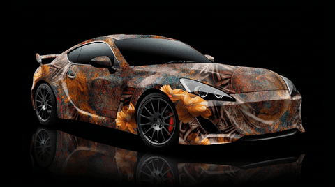 A sports car covered in a colorful floral and abstract vinyl wrap sits against a reflective black background.
