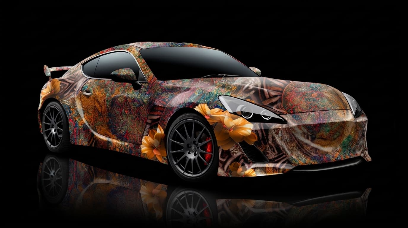 A sports car covered in a colorful floral and abstract vinyl wrap sits against a reflective black background.
