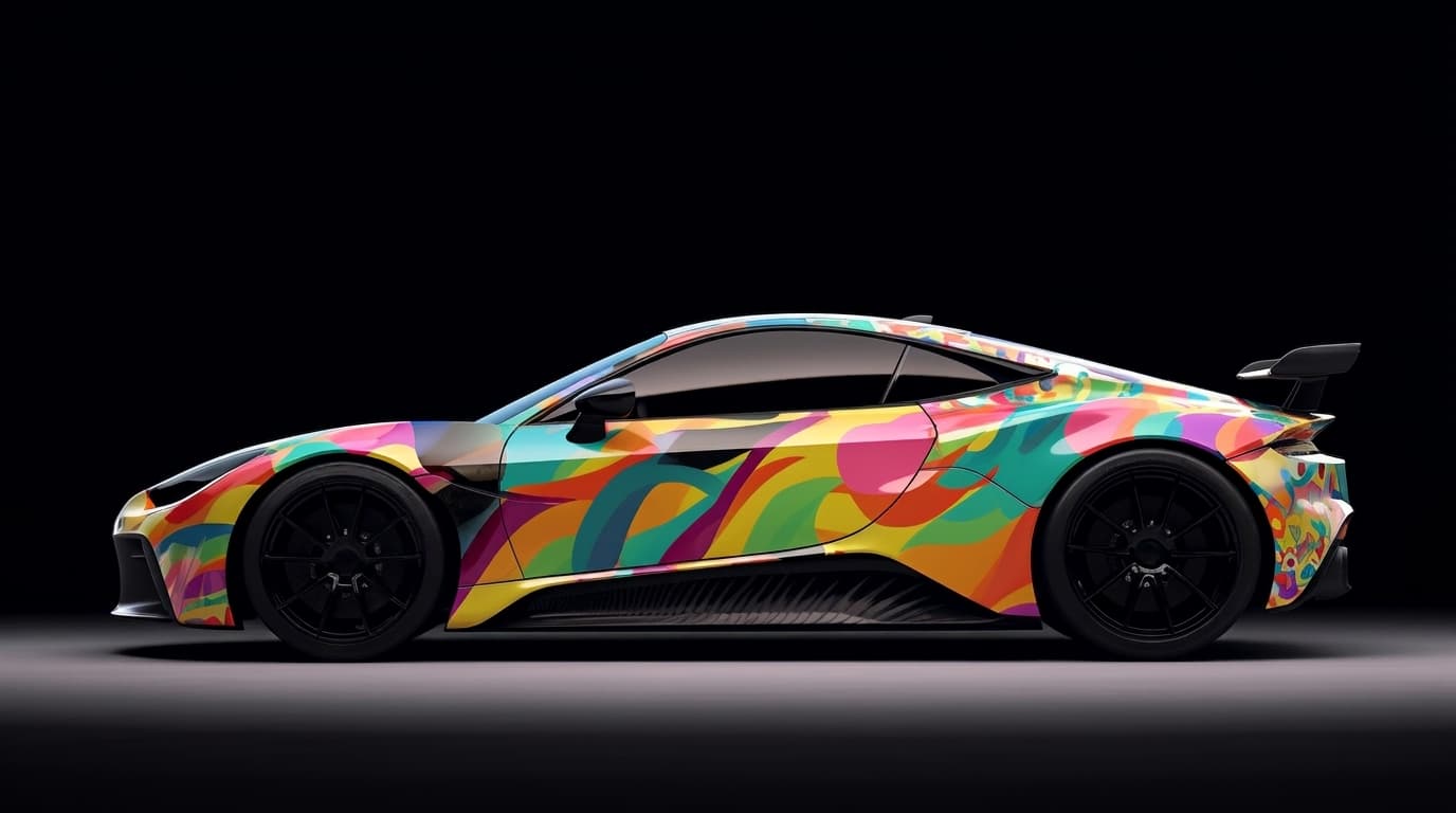A sleek sports car covered in a vibrant, multicolored abstract vinyl wrap sits against a dark background.