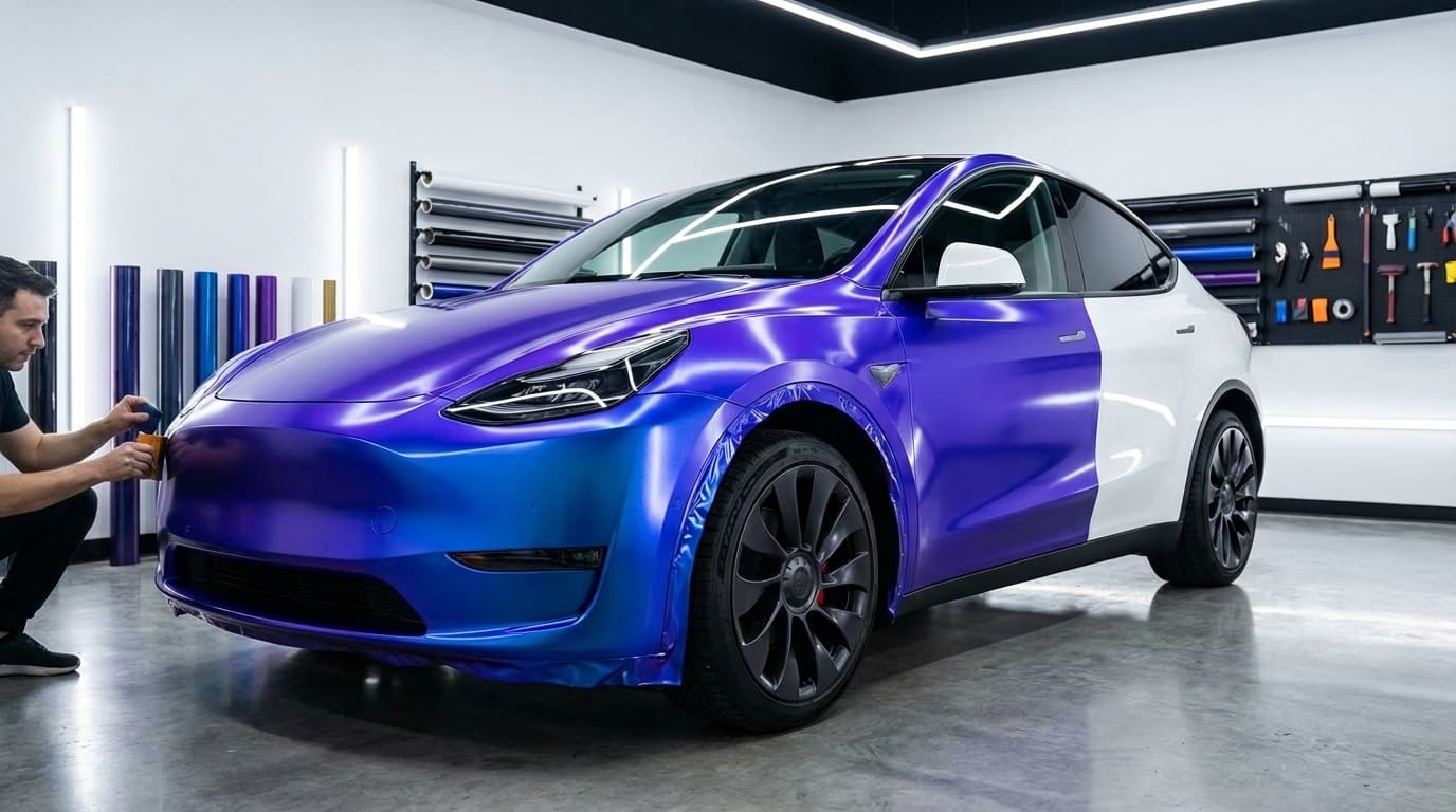 A technician applies purple and blue vinyl wrap to the front bumper of a white car inside a workshop.