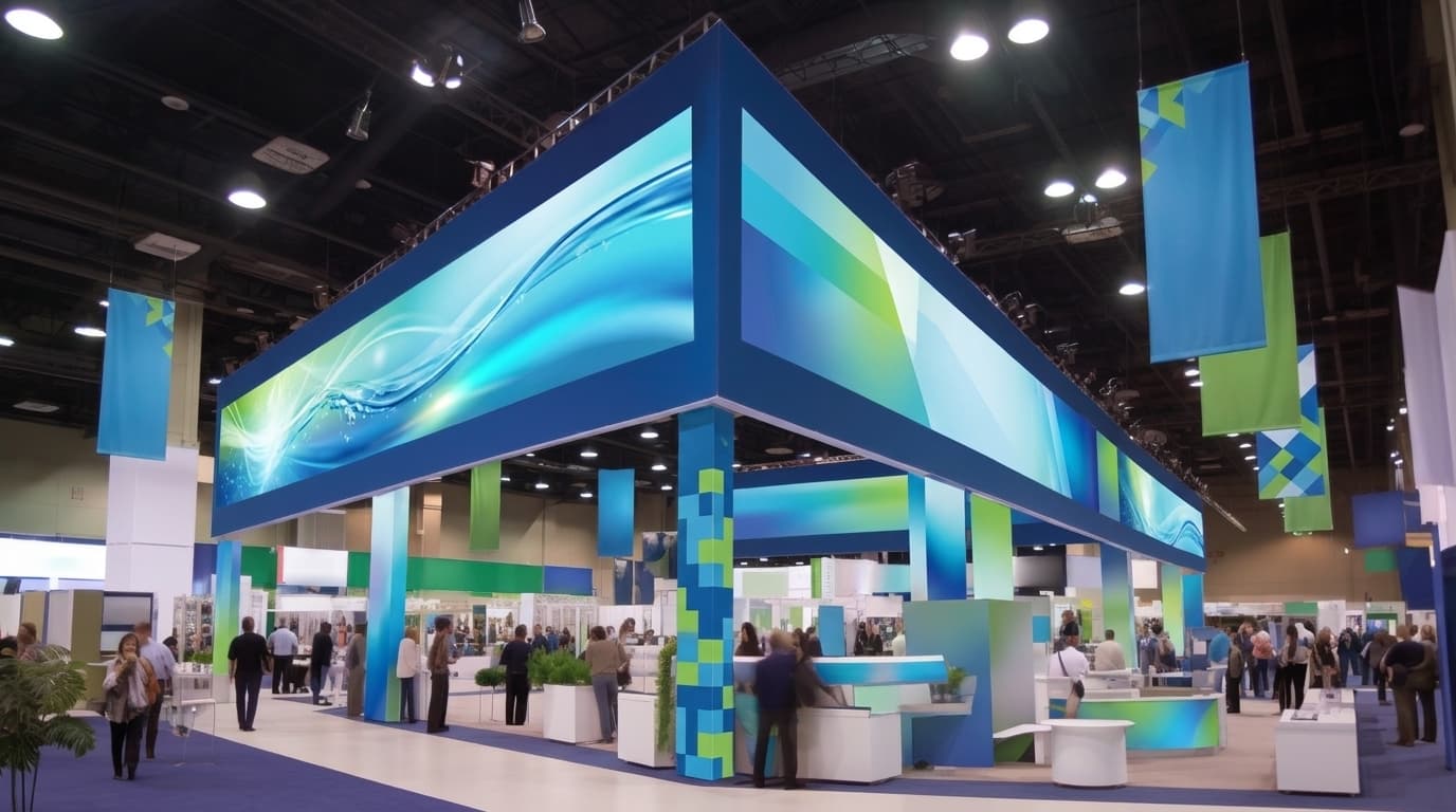A large trade show booth display featuring vibrant blue and green overhead banners, wrapped columns, and visiting attendees.
