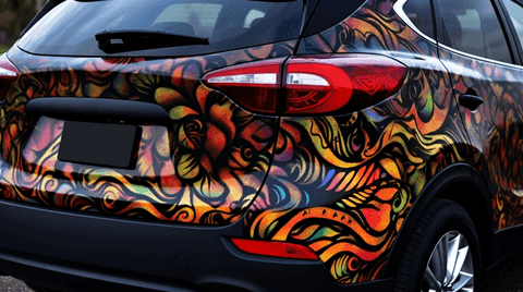 The rear quarter of an SUV features an intricate, vibrant vinyl wrap with colorful abstract swirls and patterns.