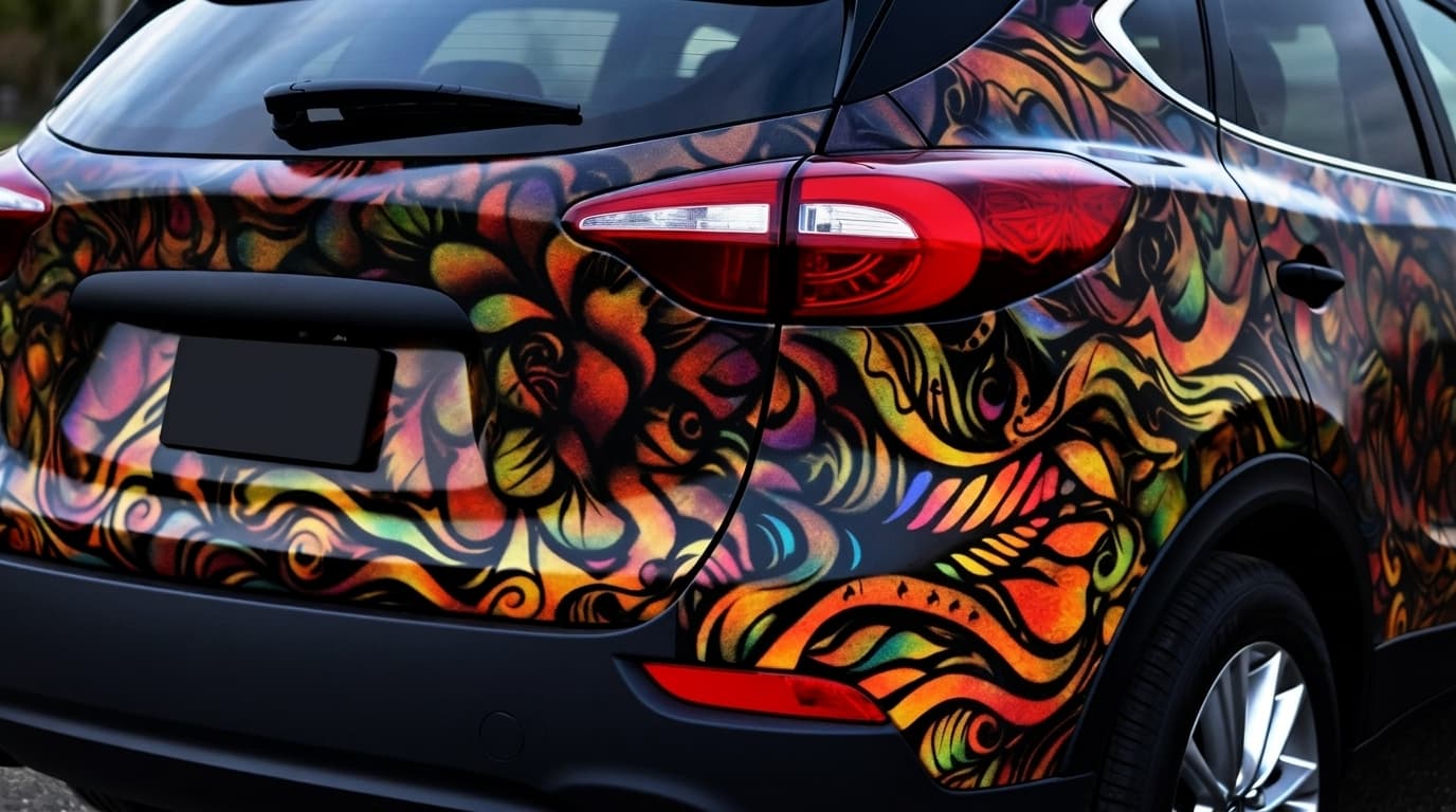 The rear quarter of an SUV features an intricate, vibrant vinyl wrap with colorful abstract swirls and patterns.
