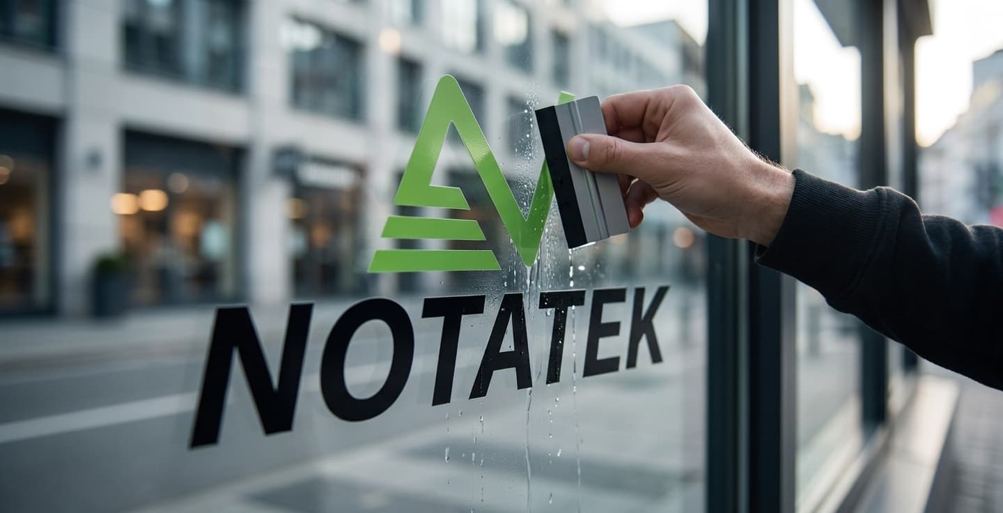 Hand using a squeegee to apply a green and black NOTATEK vinyl logo decal onto a storefront glass door.
