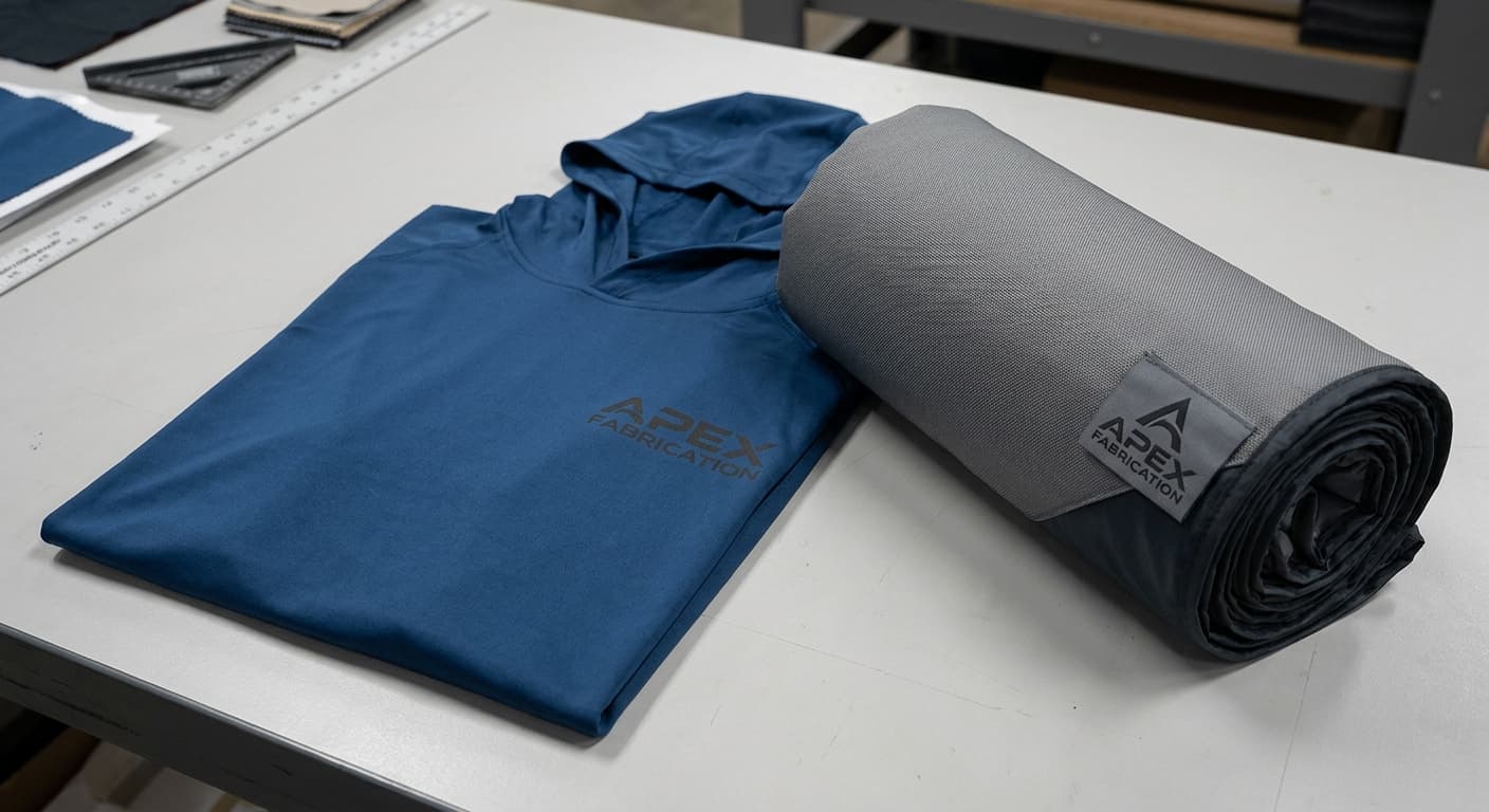 Folded blue hooded shirt and rolled grey blanket both branded with the Apex Fabrication logo on a workbench.