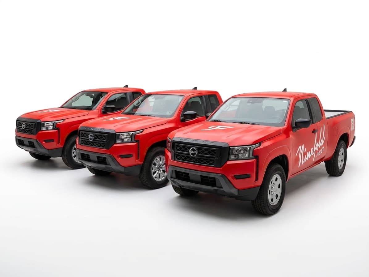 Three red Nissan Frontier trucks with Ninefold Pest commercial vehicle wraps in a white studio.