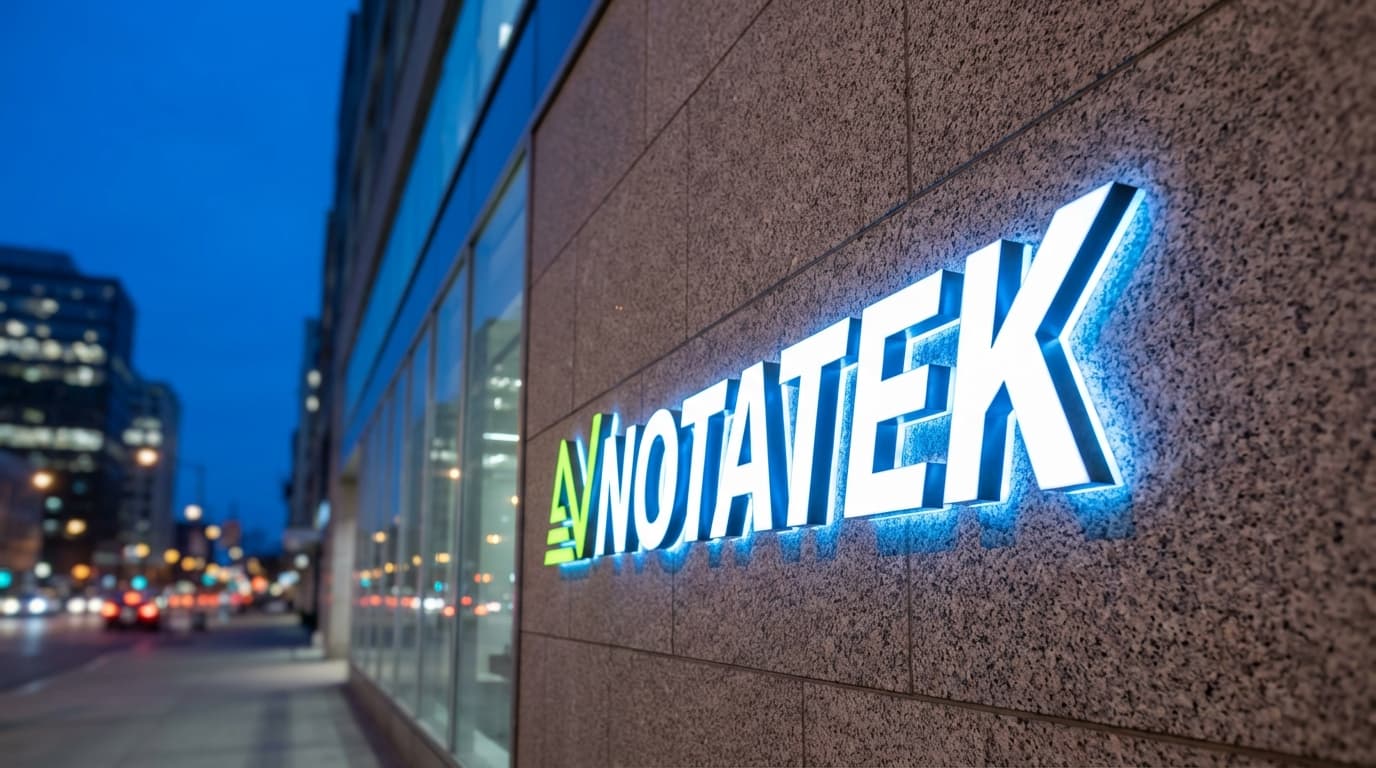Illuminated storefront sign reading NOTATEK with a green AV logo on a granite building exterior at dusk.